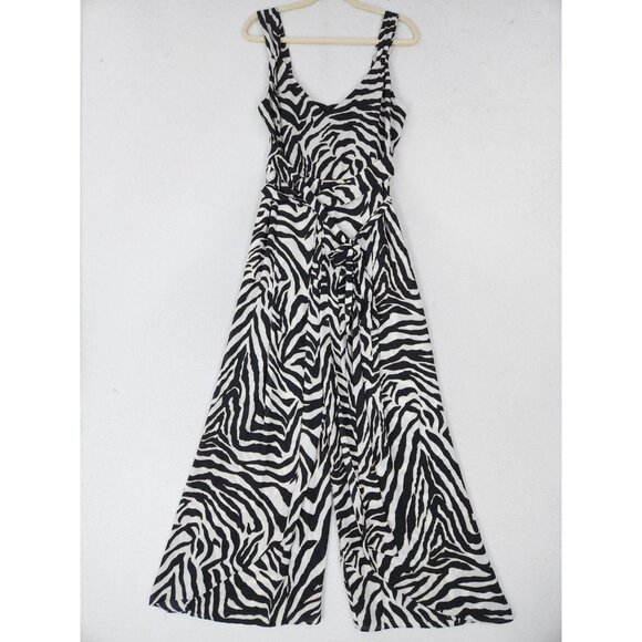 WHBM Jumpsuit Womens 8 Black White Zebra Print Wide Leg Belted Sleeveless Casual - Picture 1 of 14